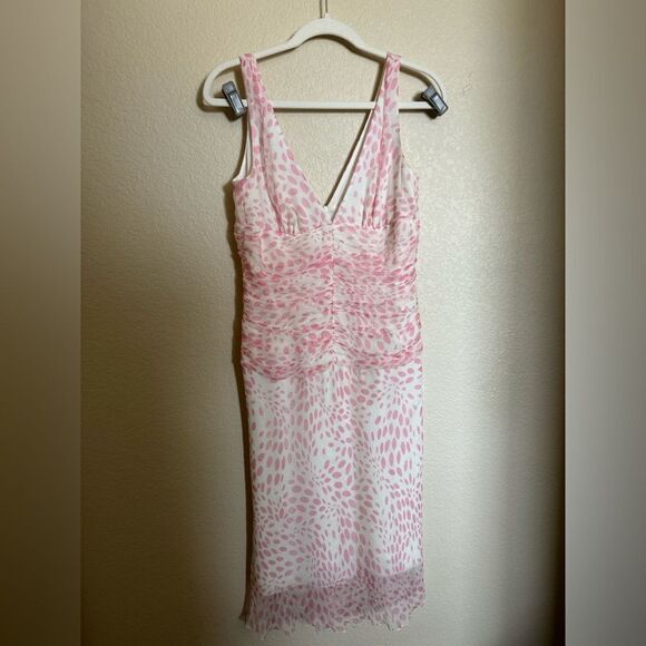 Vintage Y2K Silk Trina Turk Midi Dress Polka Dot Ruched Flowy Sz 6 in White Pink - Picture 1 of 7